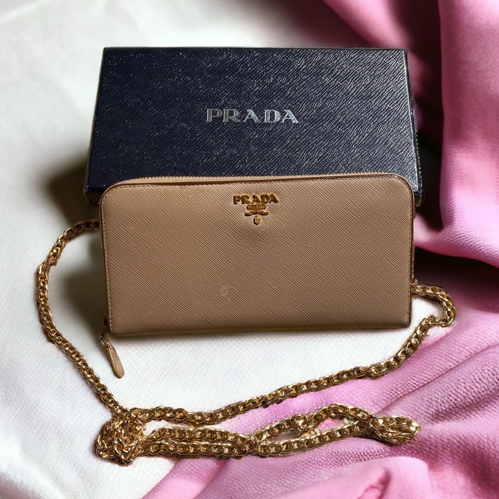 Prada Beige Mini Crossbody Bag with Gold Chain
